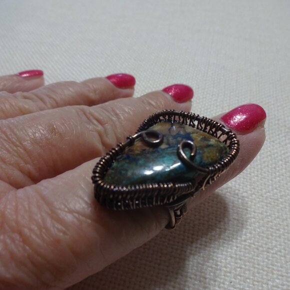 Natural LONE MOUNTAIN TURQUOISE Handmade COPPER WIRE-WRAPPED Ring Size 8 #787B - Picture 2 of 4